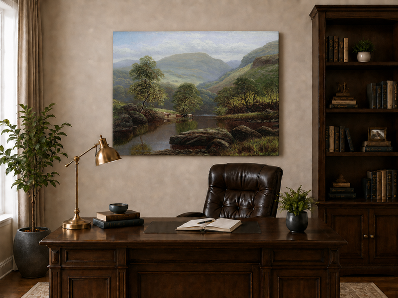 Landscape Oil Painting - Summer Mountain Valley River & Cattle