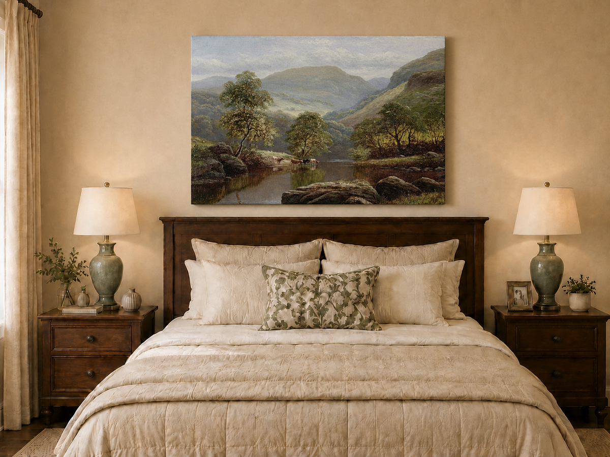 Landscape Oil Painting - Summer Mountain Valley River & Cattle