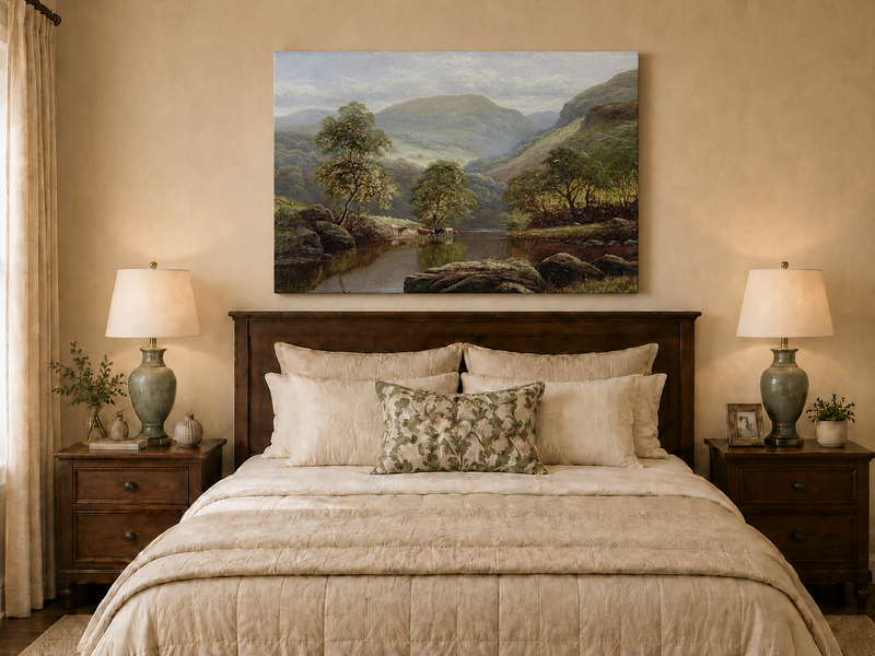 Landscape Oil Painting - Summer Mountain Valley River & Cattle