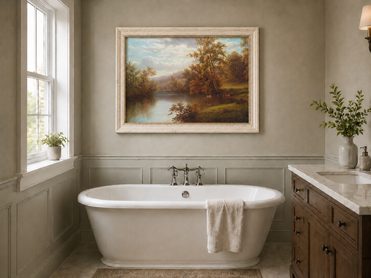 Peinture à l'huile de paysage - Vallée lacustre d'automne et bétail au pâturage