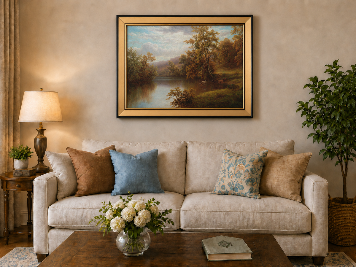 Peinture à l'huile de paysage - Vallée lacustre d'automne et bétail au pâturage