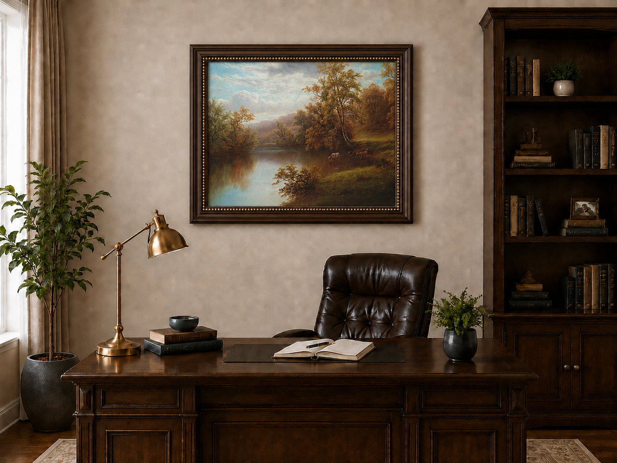 Peinture à l'huile de paysage - Vallée lacustre d'automne et bétail au pâturage