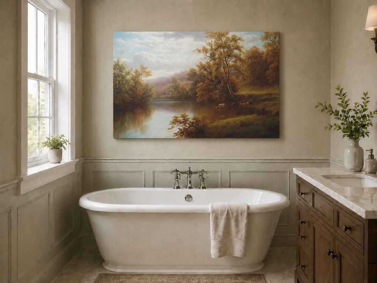 Peinture à l'huile de paysage - Vallée lacustre d'automne et bétail au pâturage