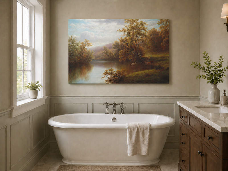 Peinture à l'huile de paysage - Vallée lacustre d'automne et bétail au pâturage
