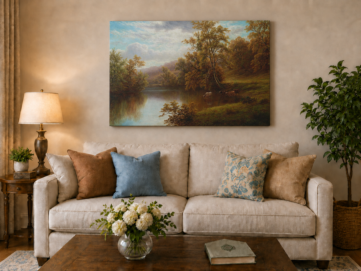 Peinture à l'huile de paysage - Vallée lacustre d'automne et bétail au pâturage