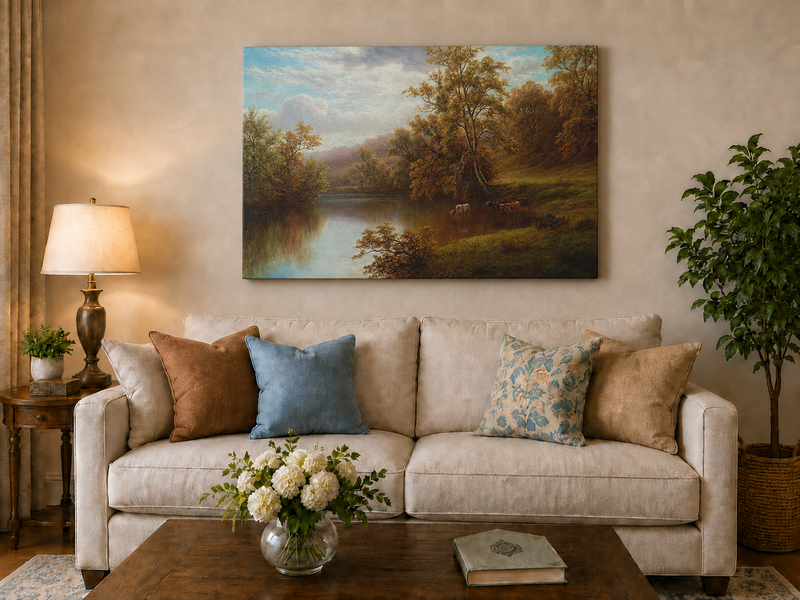 Peinture à l'huile de paysage - Vallée lacustre d'automne et bétail au pâturage