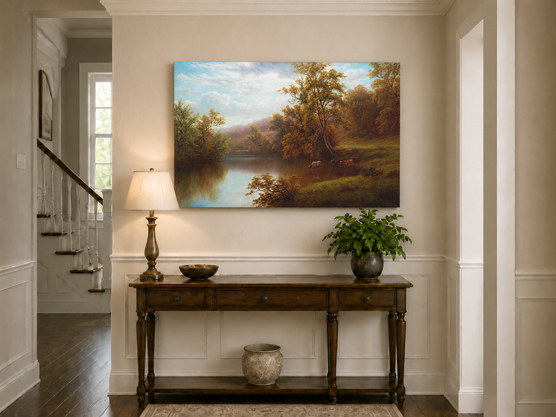 Peinture à l'huile de paysage - Vallée lacustre d'automne et bétail au pâturage