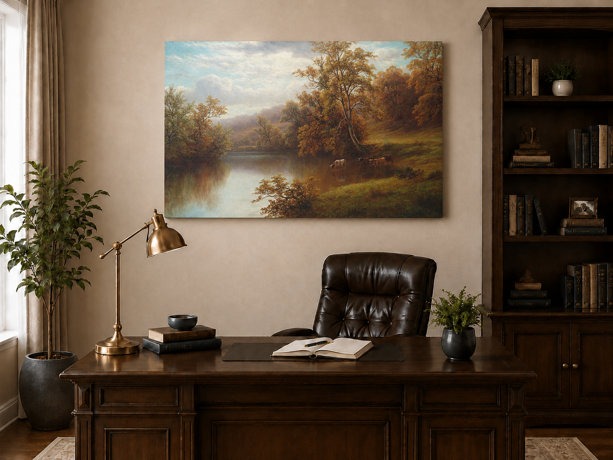 Peinture à l'huile de paysage - Vallée lacustre d'automne et bétail au pâturage