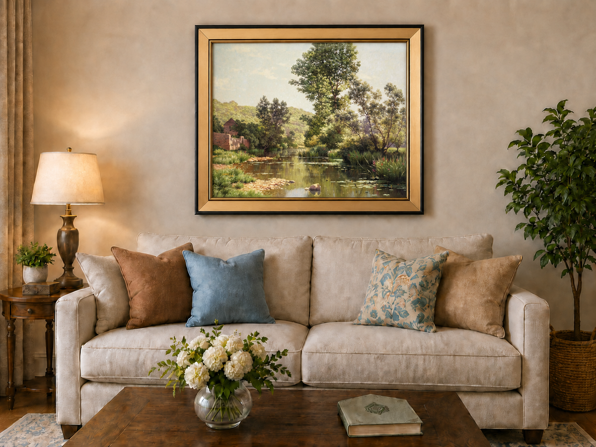 Peinture à l'huile de paysage - Arbres et reflets calmes au bord de la rivière