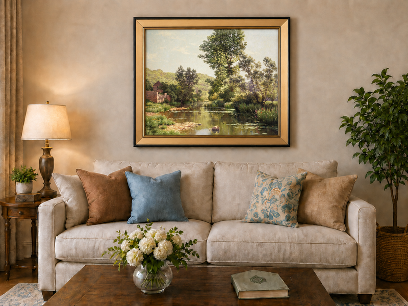 Peinture à l'huile de paysage - Arbres et reflets calmes au bord de la rivière