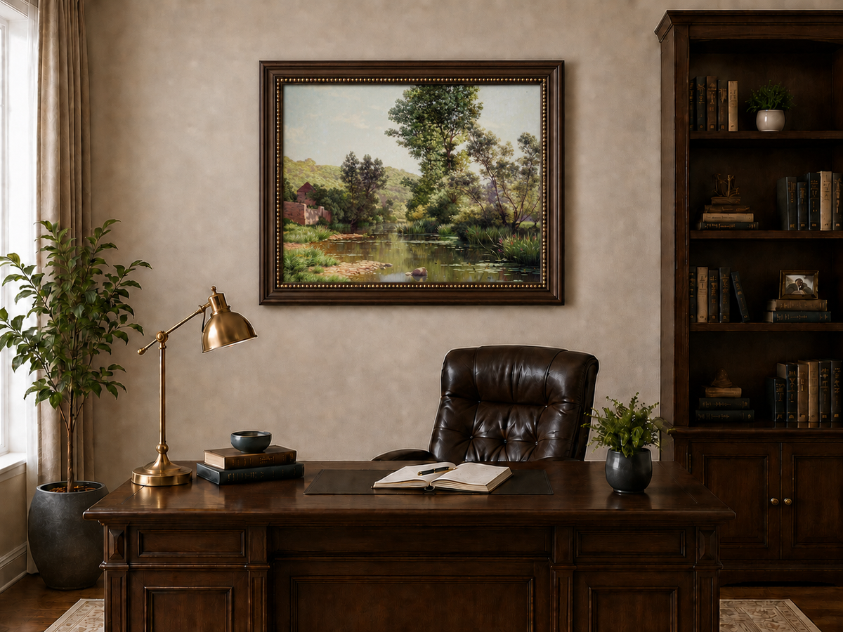 Peinture à l'huile de paysage - Arbres et reflets calmes au bord de la rivière