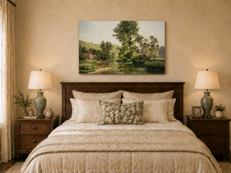 Peinture à l'huile de paysage - Arbres et reflets calmes au bord de la rivière