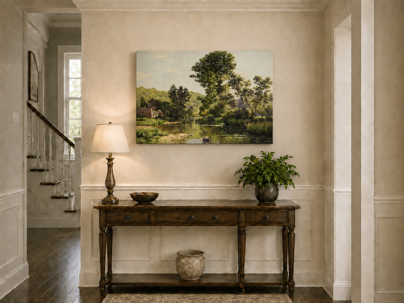 Peinture à l'huile de paysage - Arbres et reflets calmes au bord de la rivière