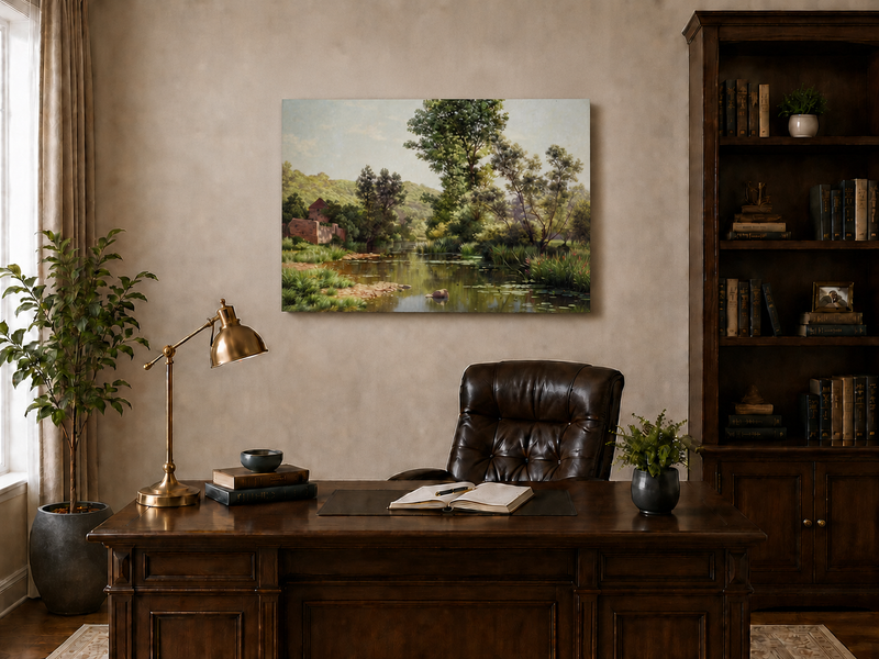 Peinture à l'huile de paysage - Arbres et reflets calmes au bord de la rivière