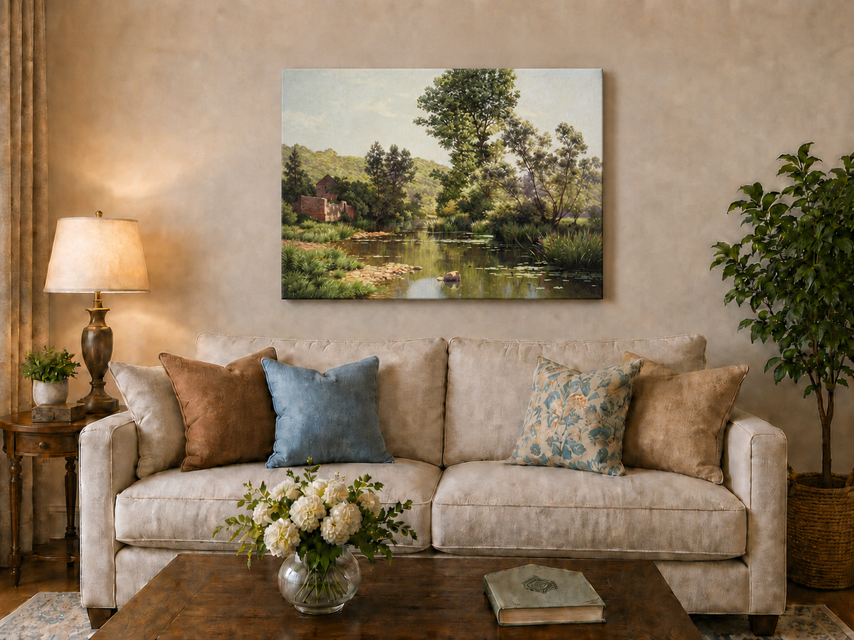 Peinture à l'huile de paysage - Arbres et reflets calmes au bord de la rivière