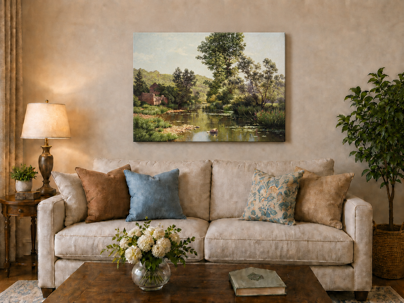 Peinture à l'huile de paysage - Arbres et reflets calmes au bord de la rivière