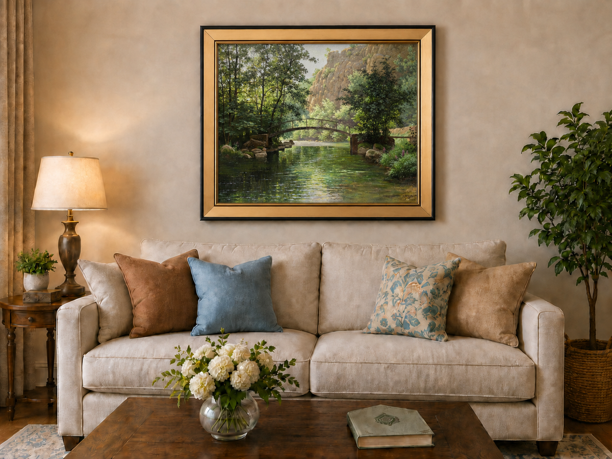 Landscape Oil Painting - River, Footbridge, Lush Woods & Rocky