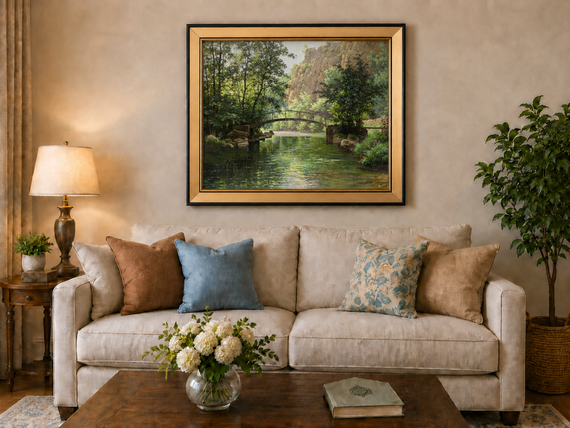 Landscape Oil Painting - River, Footbridge, Lush Woods & Rocky
