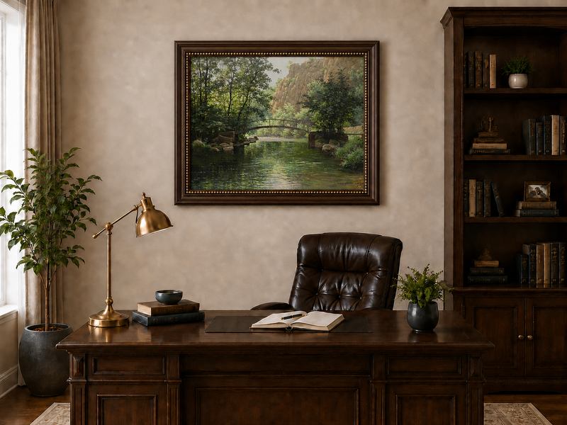 Landscape Oil Painting - River, Footbridge, Lush Woods & Rocky