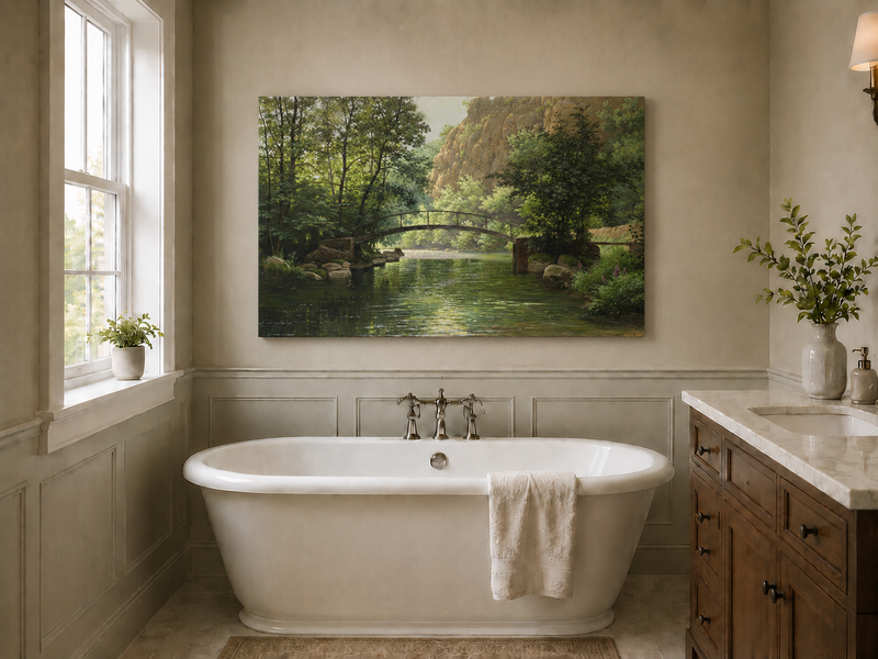 Landscape Oil Painting - River, Footbridge, Lush Woods & Rocky