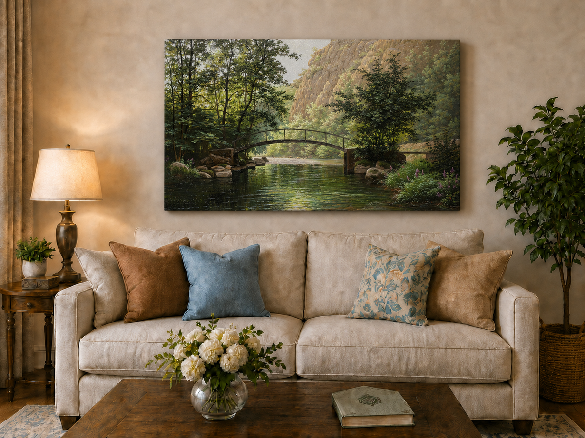Landscape Oil Painting - River, Footbridge, Lush Woods & Rocky