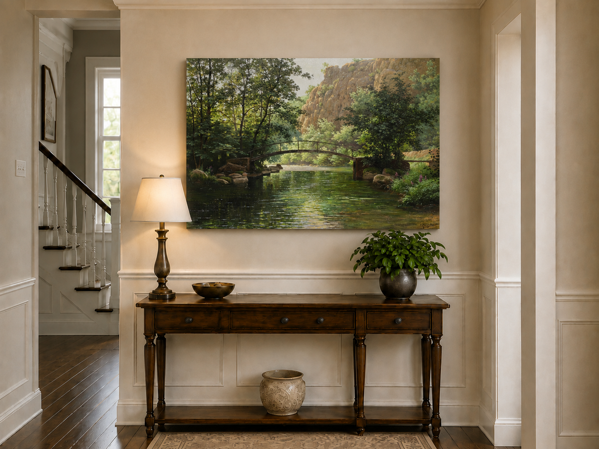 Landscape Oil Painting - River, Footbridge, Lush Woods & Rocky