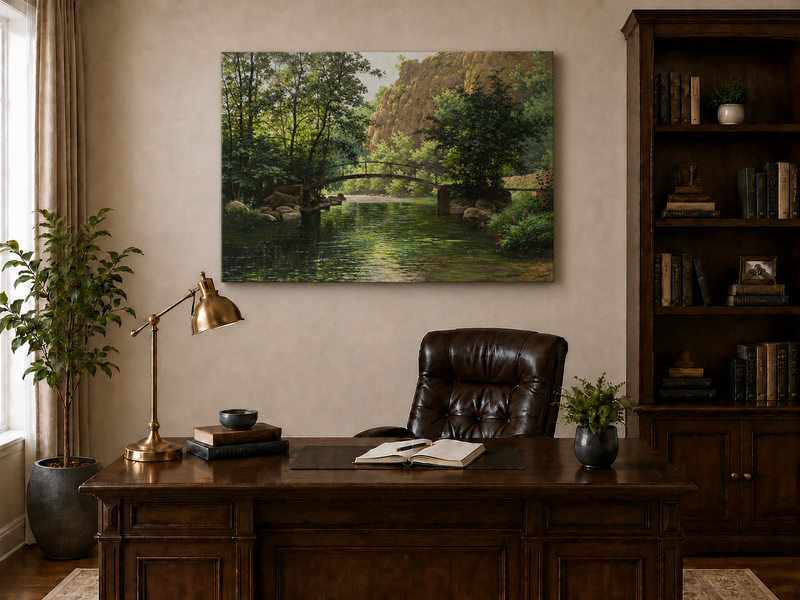 Landscape Oil Painting - River, Footbridge, Lush Woods & Rocky