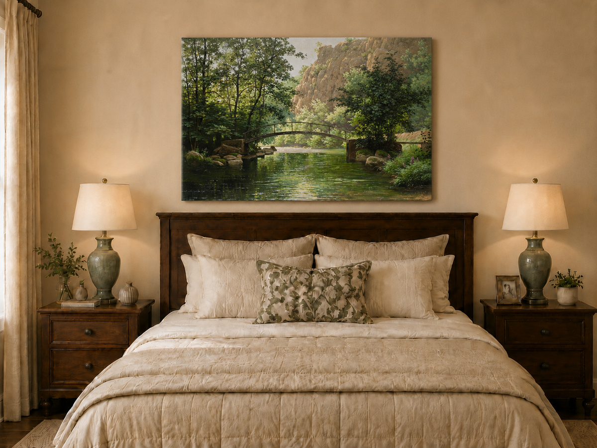 Landscape Oil Painting - River, Footbridge, Lush Woods & Rocky