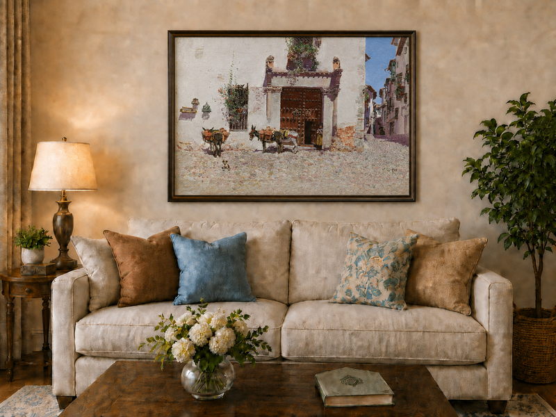 Peinture à l'huile de paysage - Scène de rivière hivernale avec personnages et chevaux