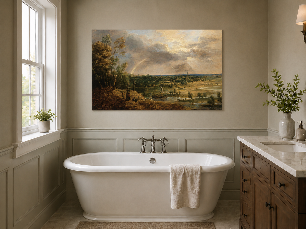 Landscape Oil Painting - River Plain with Rainbow and Sailboat