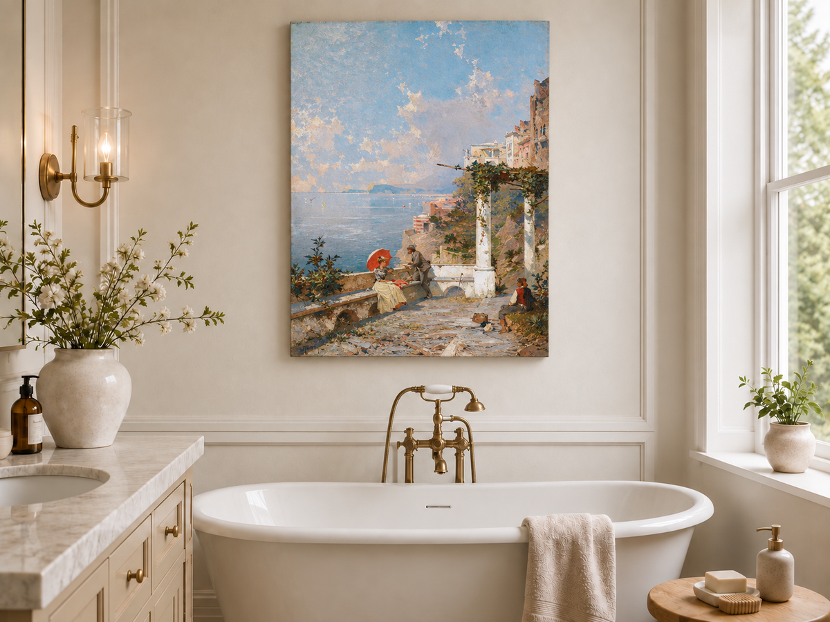 Landscape Oil Painting - Coastal Terrace with Red Parasol