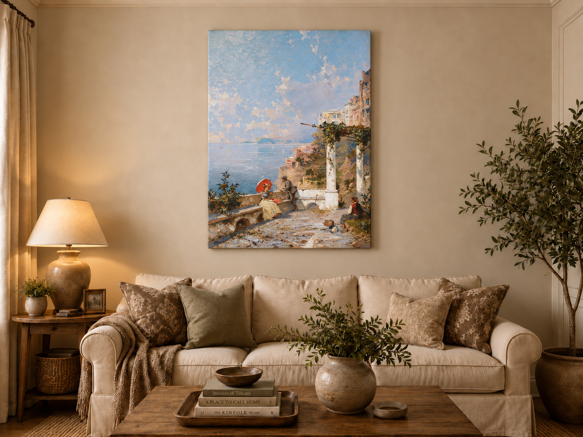 Landscape Oil Painting - Coastal Terrace with Red Parasol