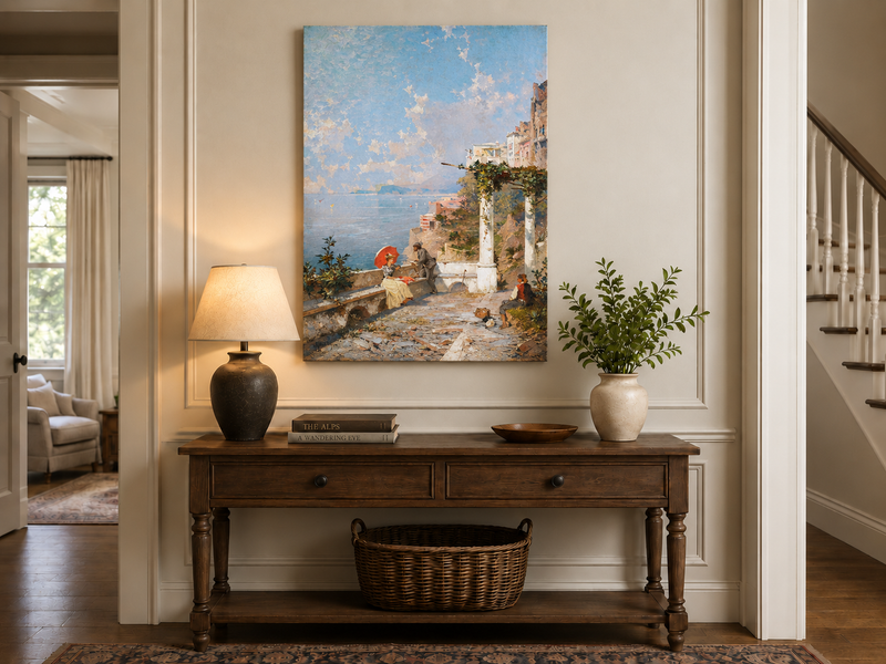 Landscape Oil Painting - Coastal Terrace with Red Parasol