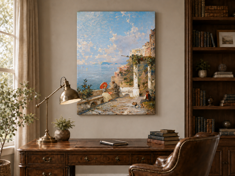 Landscape Oil Painting - Coastal Terrace with Red Parasol
