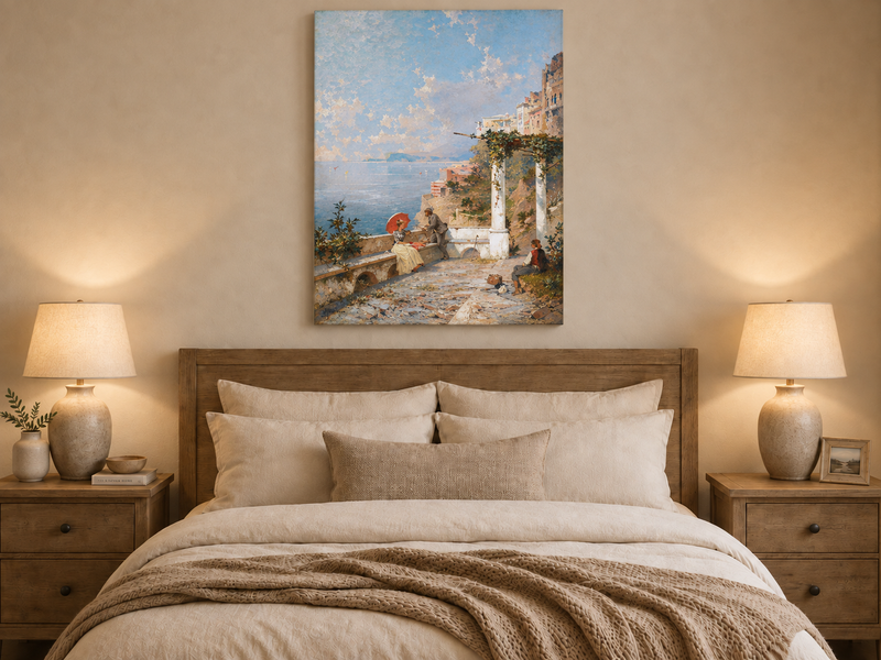 Landscape Oil Painting - Coastal Terrace with Red Parasol