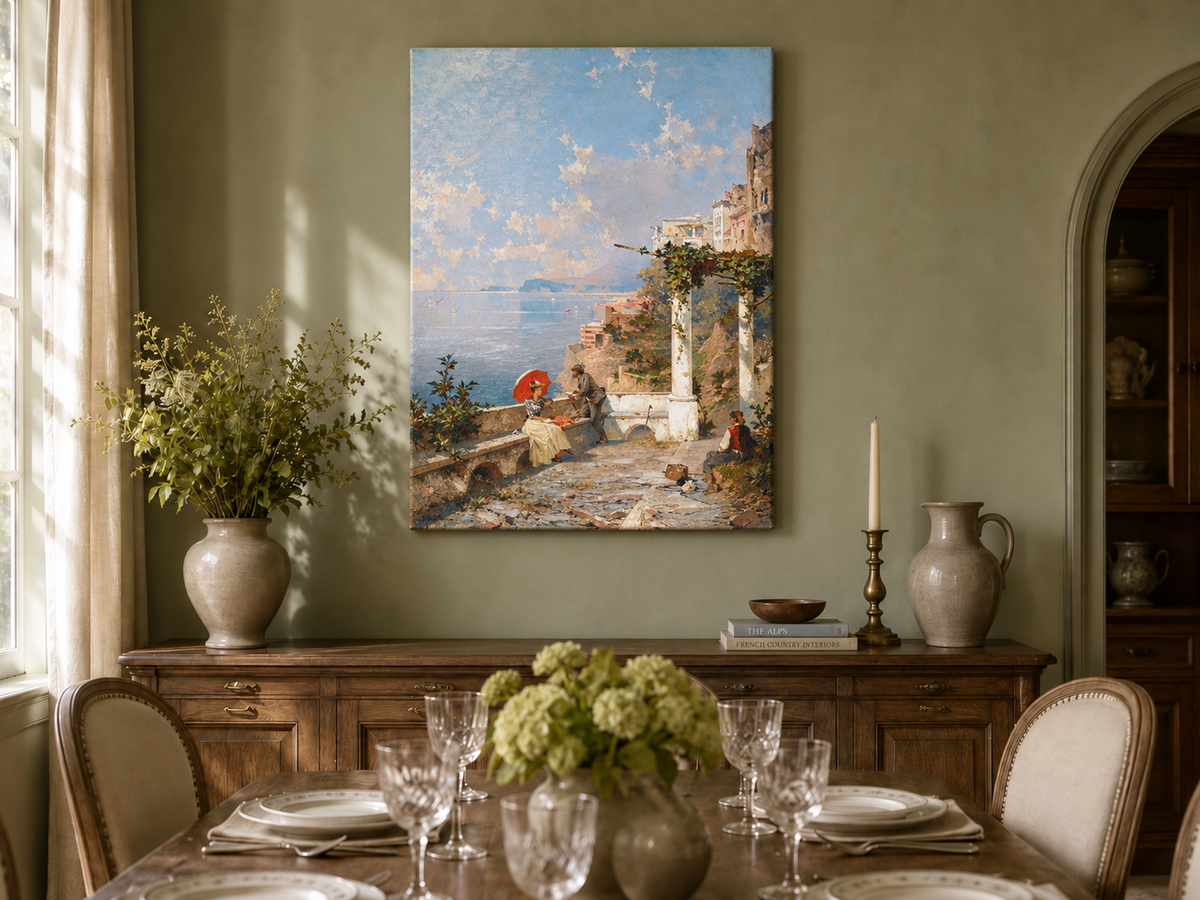 Landscape Oil Painting - Coastal Terrace with Red Parasol