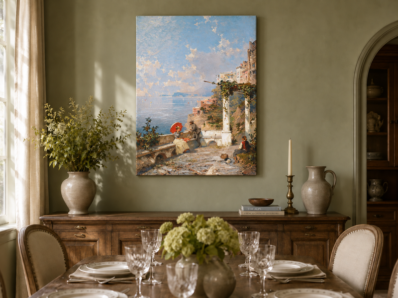 Landscape Oil Painting - Coastal Terrace with Red Parasol