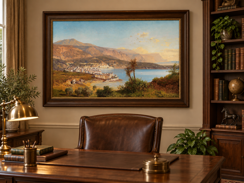 Landscape Oil Painting - Coastal Village and Mountain Bay