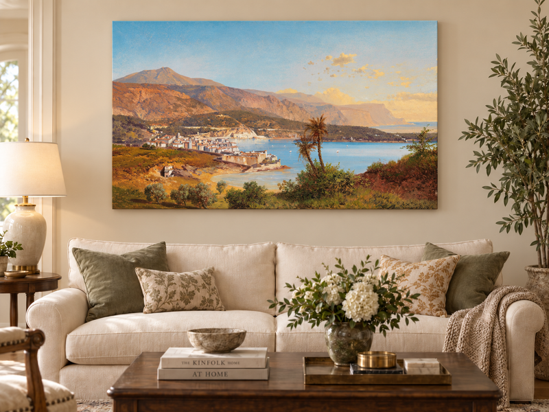 Landscape Oil Painting - Coastal Village and Mountain Bay