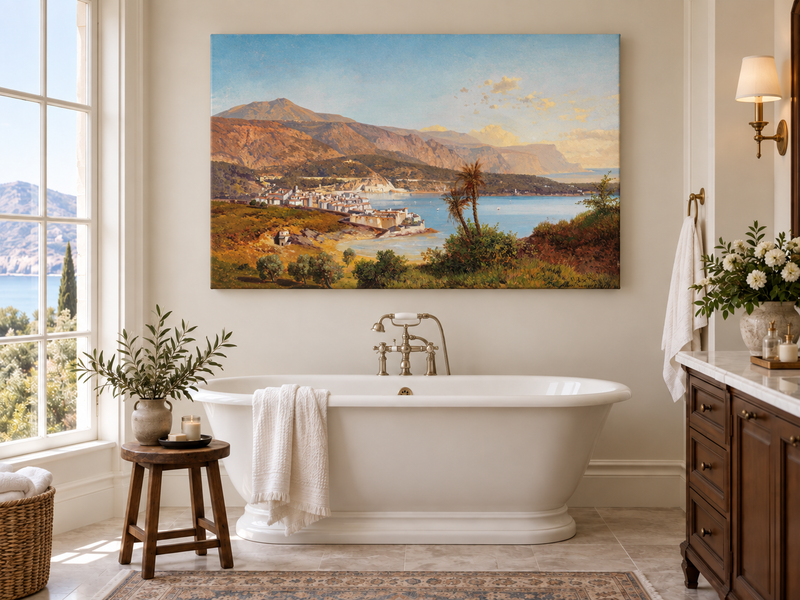 Landscape Oil Painting - Coastal Village and Mountain Bay