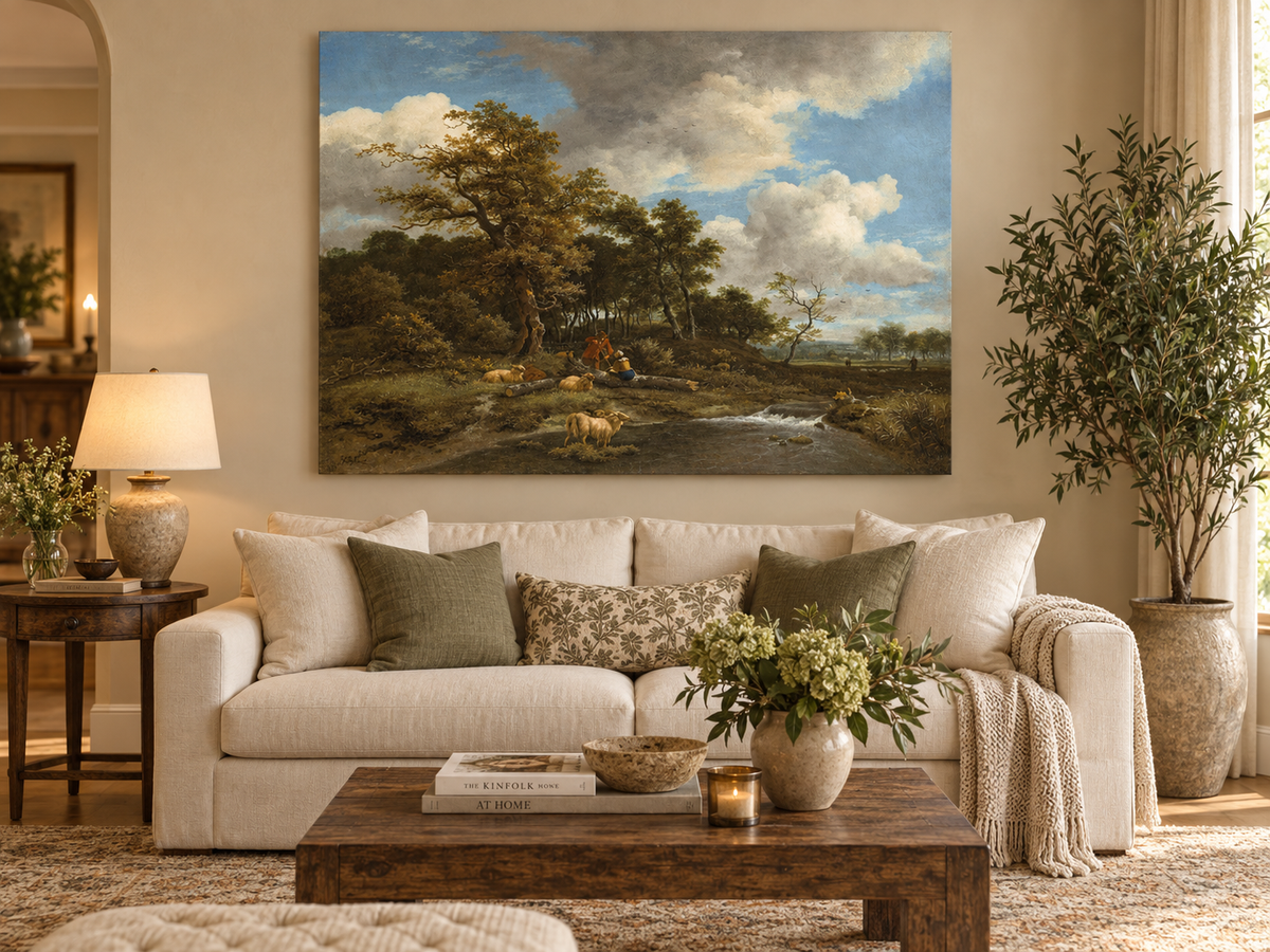 Peinture à l'huile de paysage - Gouffre rocheux spectaculaire avec personnages