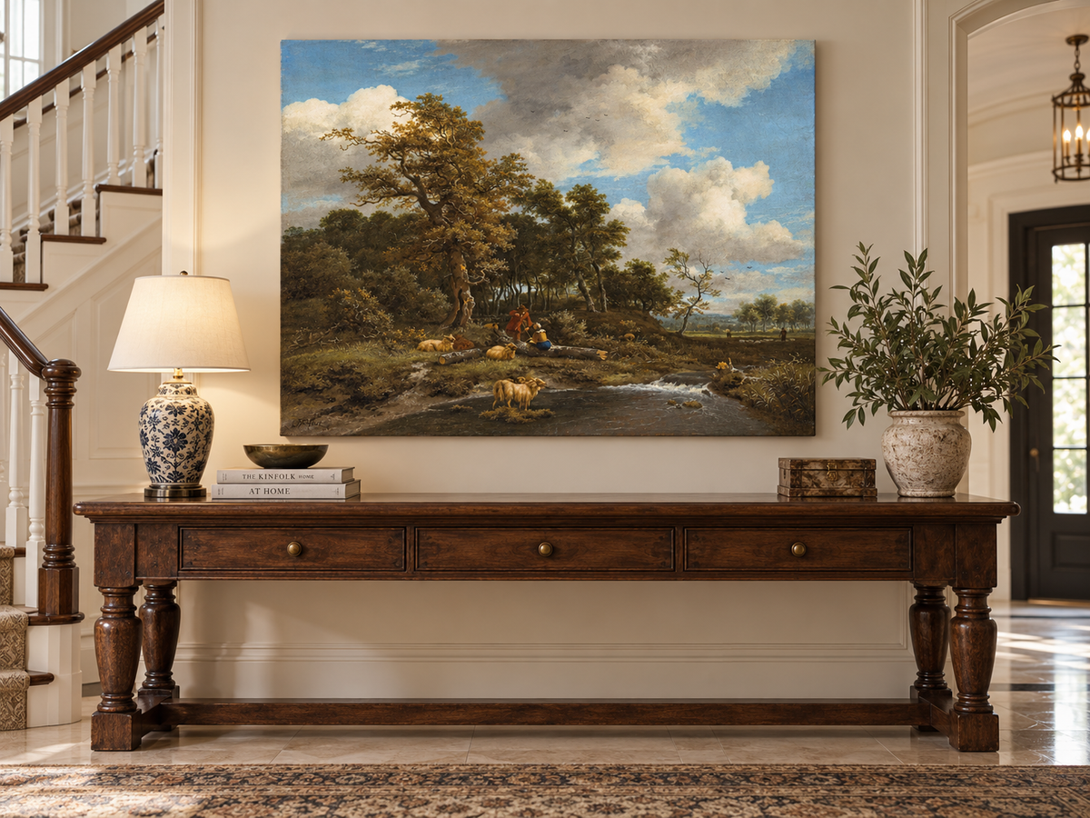 Peinture à l'huile de paysage - Gouffre rocheux spectaculaire avec personnages