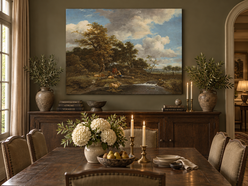 Peinture à l'huile de paysage - Gouffre rocheux spectaculaire avec personnages