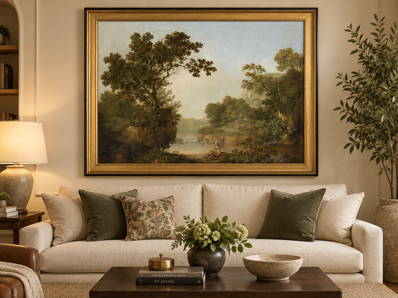 Peinture à l'huile de paysage - Gouffre rocheux spectaculaire avec personnages