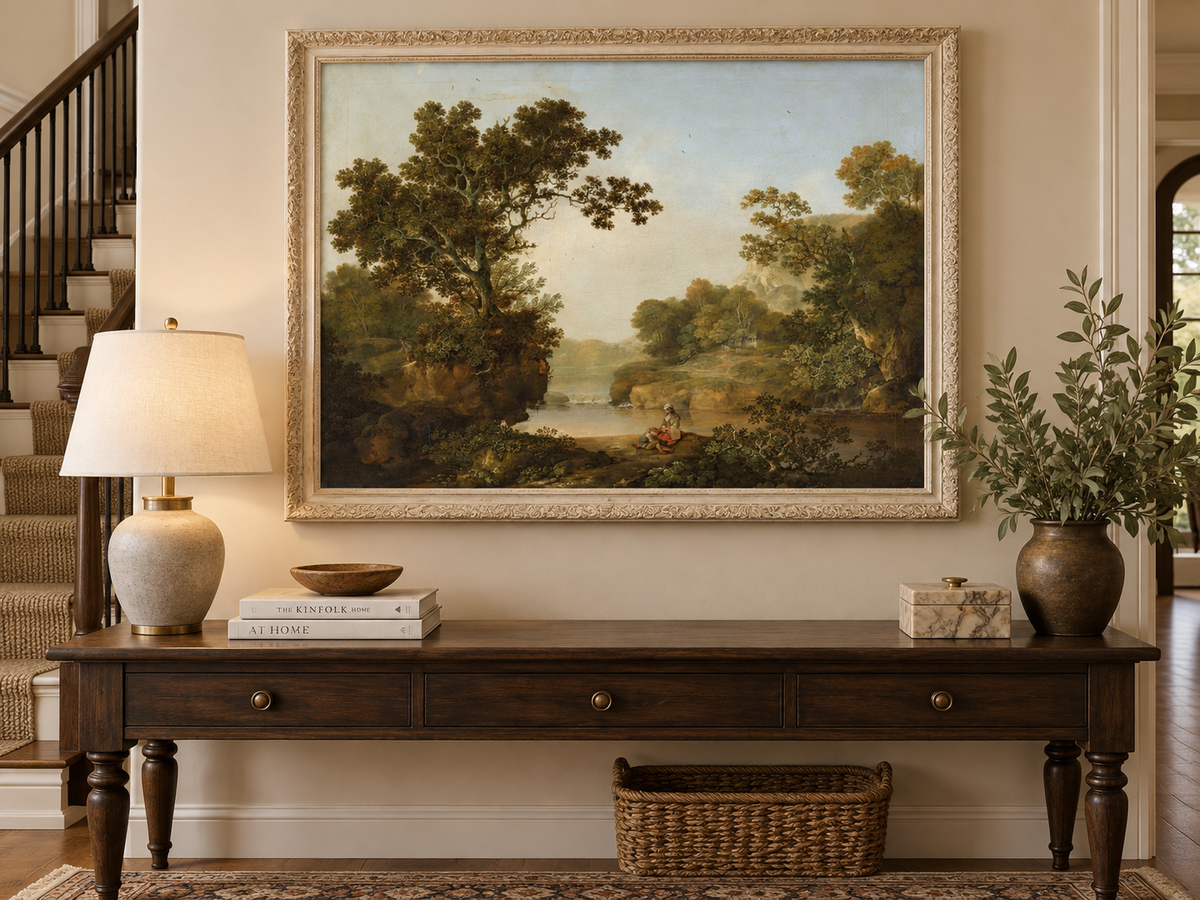 Peinture à l'huile de paysage - Gouffre rocheux spectaculaire avec personnages