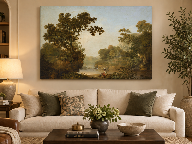 Peinture à l'huile de paysage - Gouffre rocheux spectaculaire avec personnages