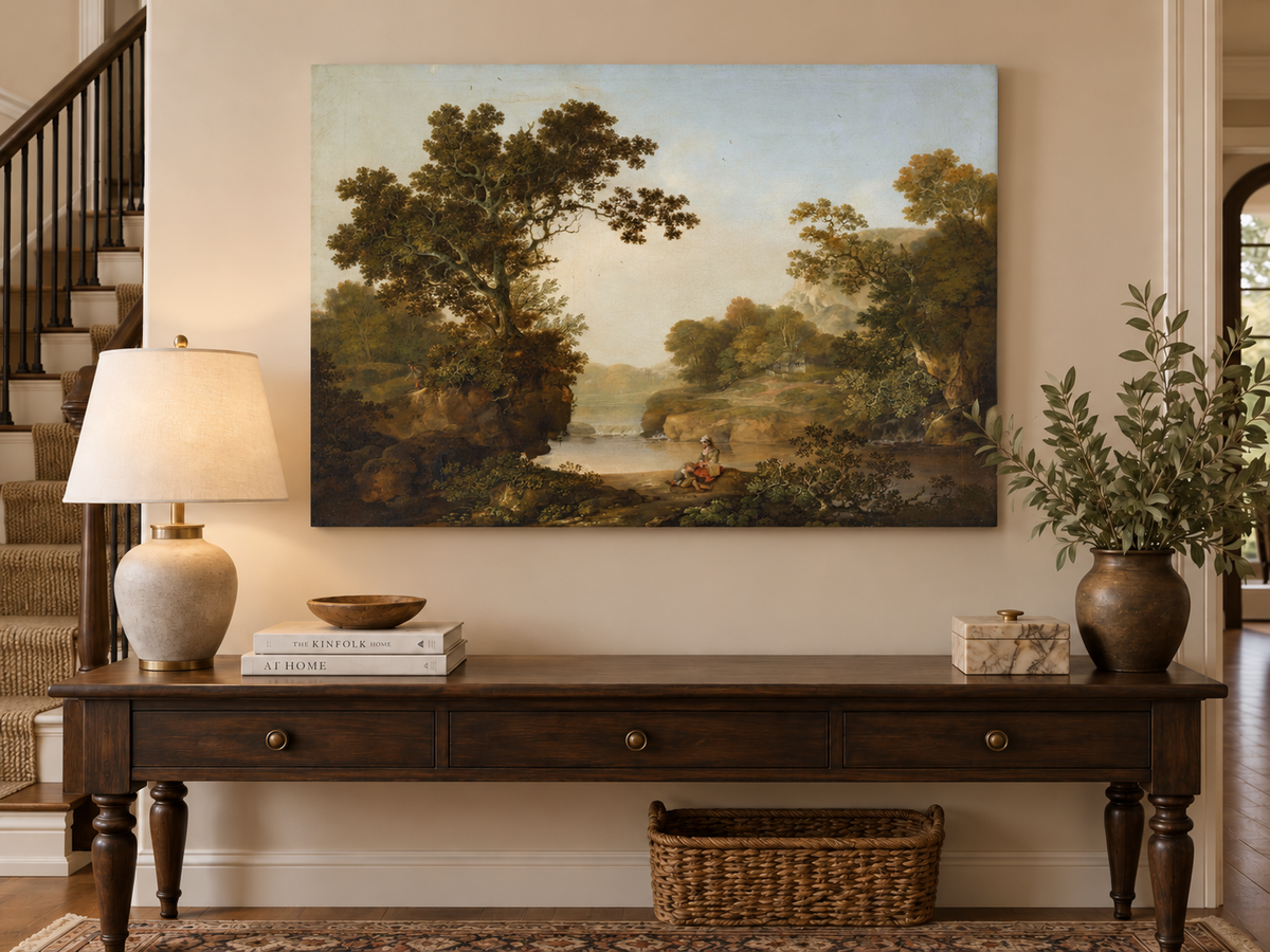 Peinture à l'huile de paysage - Gouffre rocheux spectaculaire avec personnages