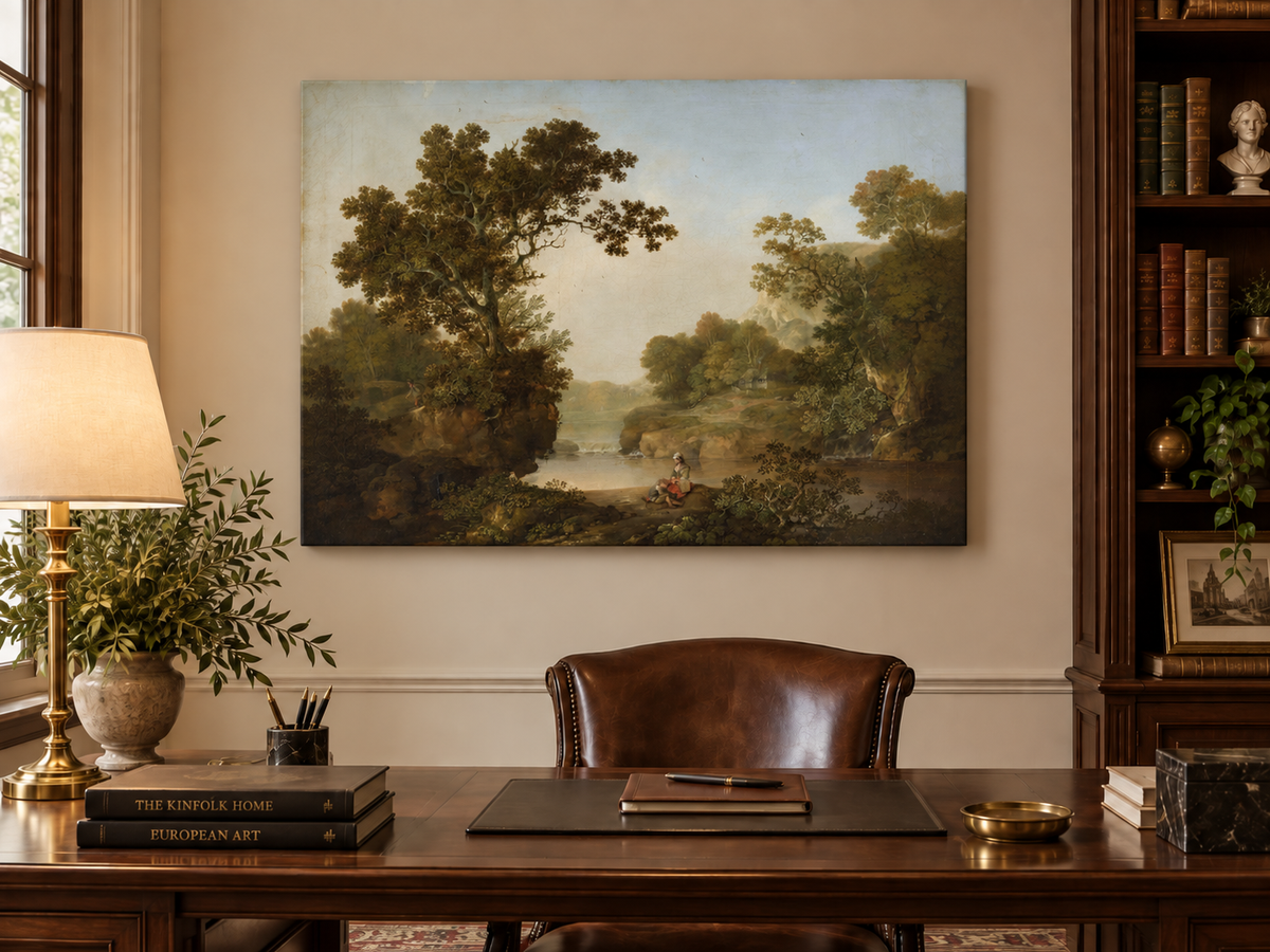 Peinture à l'huile de paysage - Gouffre rocheux spectaculaire avec personnages