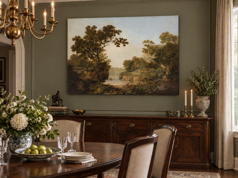 Peinture à l'huile de paysage - Gouffre rocheux spectaculaire avec personnages