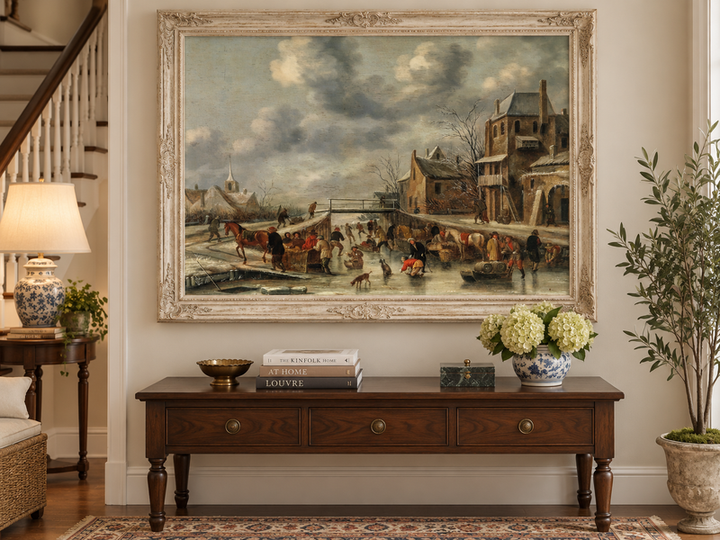 Peinture à l'huile de paysage - Gouffre rocheux spectaculaire avec personnages